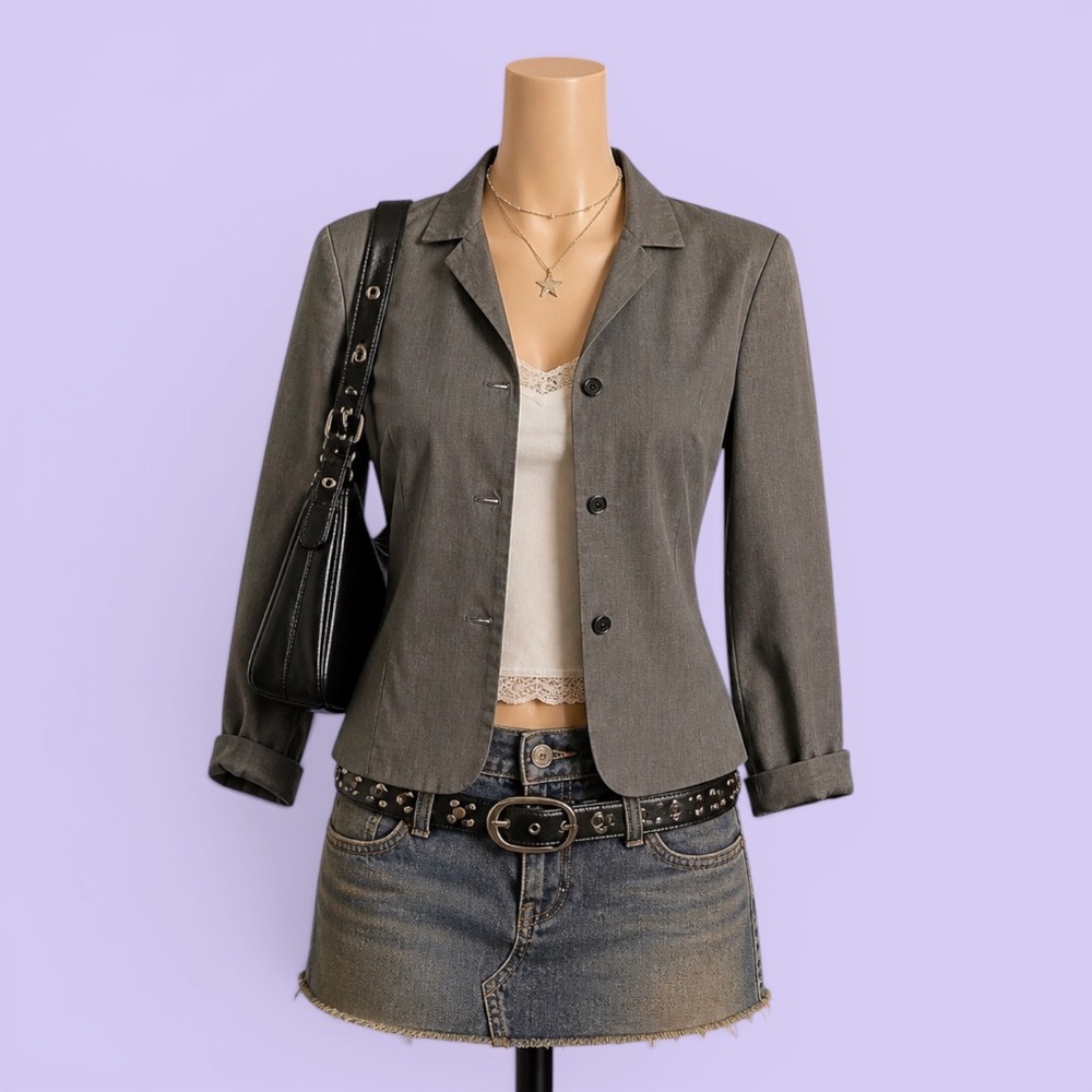 Ann Taylor Vintage Y2K Gray Cotton 4-Button Blazer Jacket Women's 10 Office Work